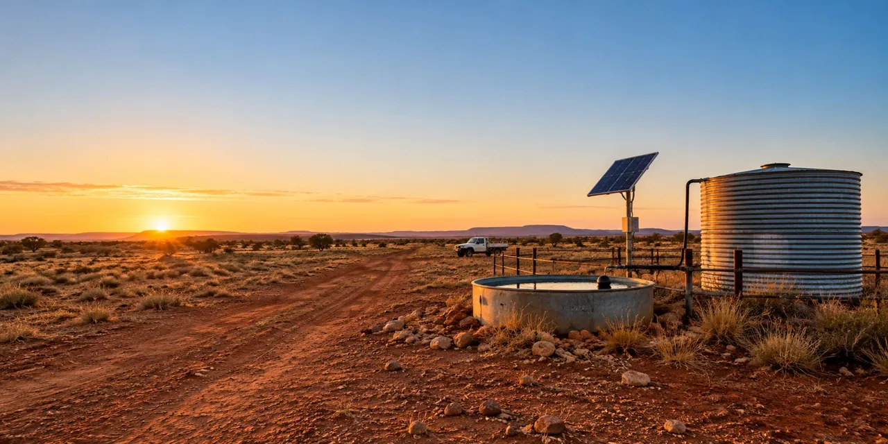 Remote property at sunrise: tank, trough and solar bore pump