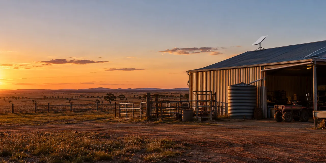 Machine shed at dusk with a flat dish on the roof
