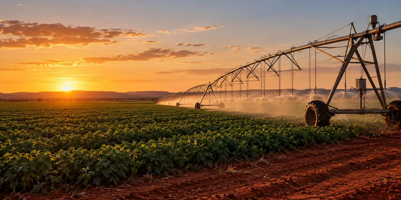 Centre pivot over green crop at golden hour