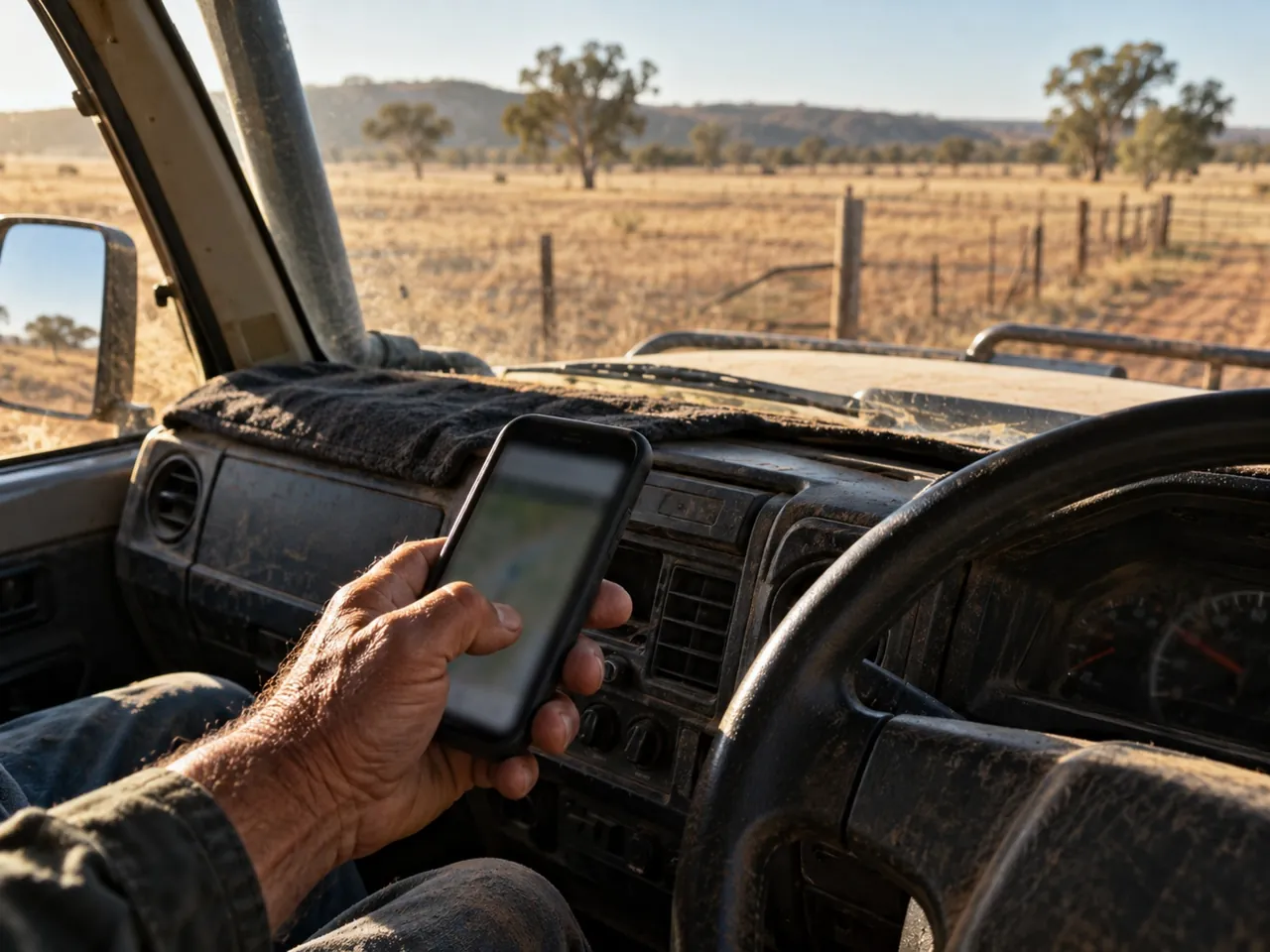 Hand holding a phone in a dusty ute cab