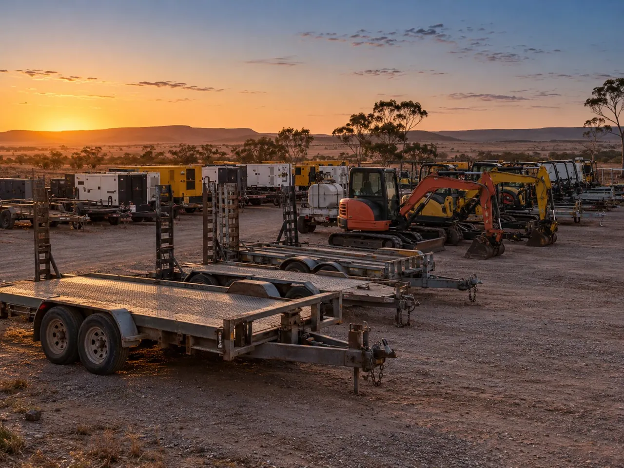 Hire yard of trailers and plant at dawn