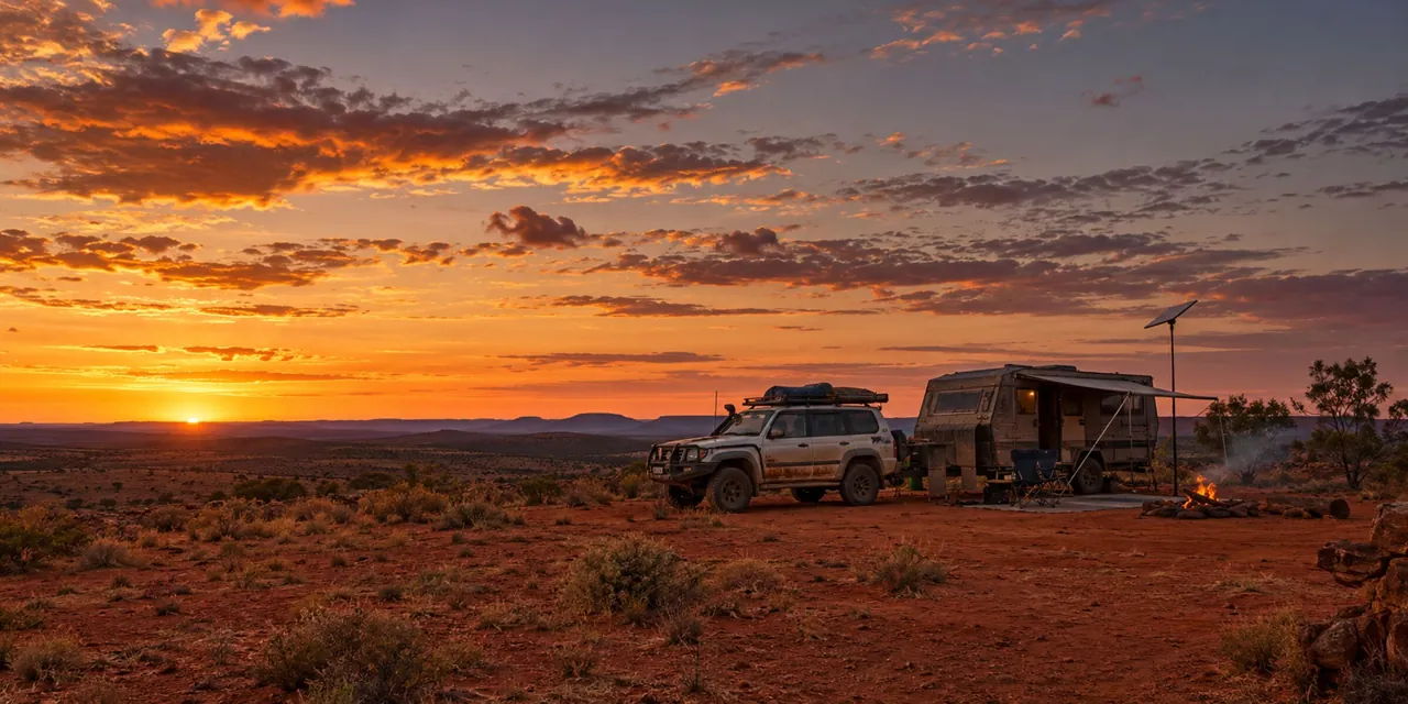 Caravan and 4WD camped on red dirt at sunset