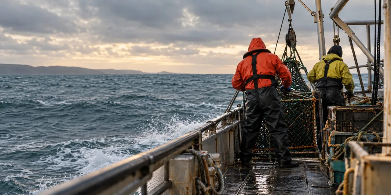 Work boat at sea, crew in lifejackets