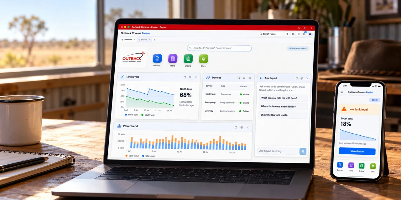 Laptop and phone showing Fusion Cloud, demo account