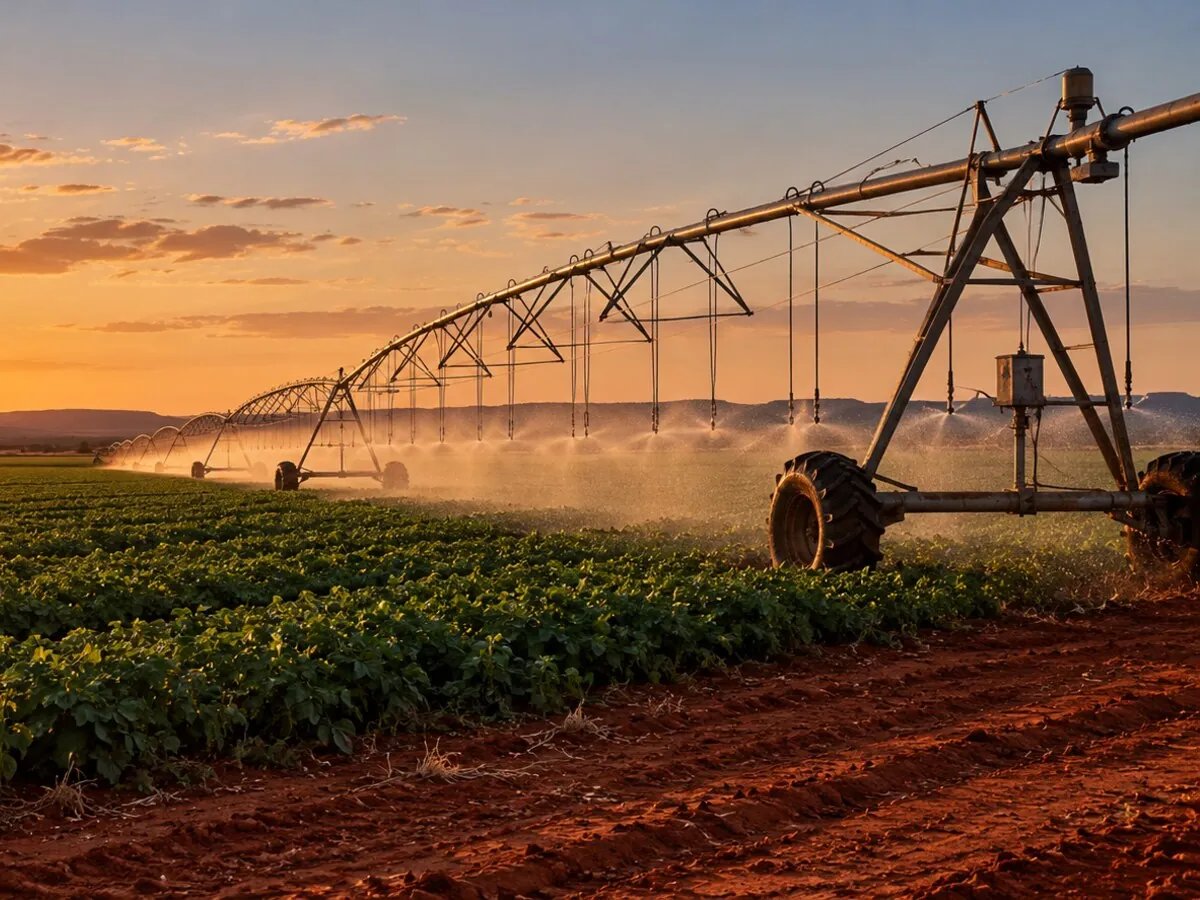 Centre pivot over green crop at golden hour