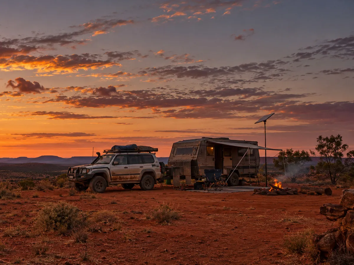 Caravan and 4WD camped on red dirt at sunset