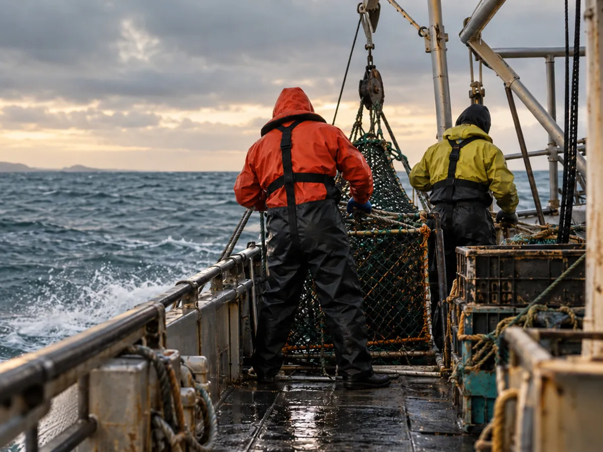 Work boat at sea, crew in lifejackets